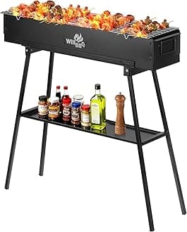 WILLBBQ Charcoal Grills Commercial Quality Portable Hibachi BBQ Lamb Skewer Folded Camping Barbecue Grill for Backyard Outdoor Cooking Use (31.5x7.2x5.2 inch), BLACK