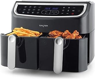 Salter EK4548 Dual Air Fryer - Double Drawer, 2 XL Non-Stick Cooking Trays, Sync & Match Cook Function, Independent Cooking, 8.2L, Sensor Touch Display, 12 Presets, Oil Free, 2200W-2600W, Black/Silver