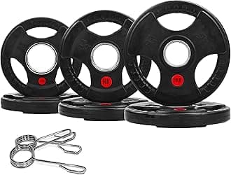 2" Olympic Grip Plates with 3-Handle Design | 2.5-45LB Rubber Encased Iron Weight Set & Pairs | Low-Noise, Floor Safe for Home Gym, Deadlift & Dumbbell