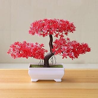 Gemini_mall Artificial Bonsai Cedar, Welcoming Pine Emulate Bonsai Simulation Decorative Artificial Flowers Fake Green Pot Plants Ornaments Home Decor Red
