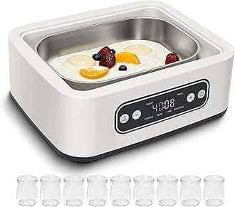 - 1.7-Quart Yogurt Maker with Adjust Temp(21°C-48°C/70°F-118°F) & Time(1-99h),110V-240V Auto-adaptive,Steel Inner Pot,BPA-free,Celsius Increment,Real-Time Countdown LED Display (Addition 9 Jars)