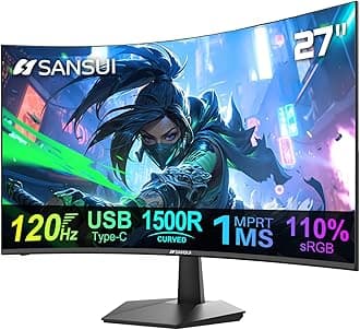 SANSUI Curved Monitor 27 inch 120Hz USB Type-C Computer Monitor with Speakers Built in丨FHD 1080p丨HDR丨110% sRGB丨1500R丨VESA Compatible,for Tablet,Desktop,Laptop and PC Work Gaming