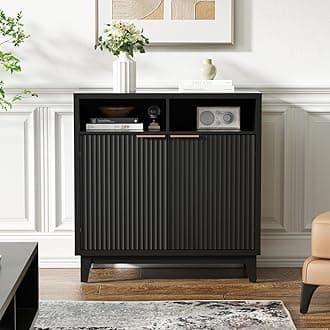 Buffet Cabinet with Storage - Elegant Fluted Storage Cabinet with Adjustable Shelves and Solid Wood Leg, Modern Buffet Sideboard for Living Room, Dining Room, Entryway