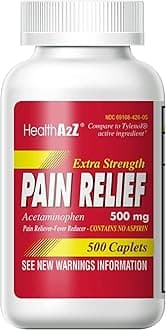 Extra Strength Pain Relief, Acetaminophen 500mg, Dye Free, Contains No Aspirin, Fever Reducer, Pain Reliever (500 Count (Pack of 1))