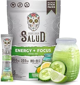 Salud 2-in-1 Energy Drink Powder + Focus, Cucumber Lime, Organic Caffeine, B6 + B12, Theanine, Clean Energy Drink Packets, Agua Fresca Mix, Non-GMO, Gluten Free, Vegan, 1g of Sugar, (15 Servings)