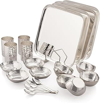 Silverglow Square Family Steel Dinner Set for 4, Silver Plated dinnerware Set of 24 pcs, Diwali Wedding Return Gift, Hotel Restaurant Pure-Silver Luxury Dinner Set Original