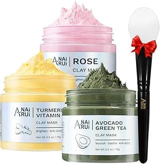 ANAI RUI 3 Pack Clay Mask Set Turmeric Vitamin C Clay Mask -Rose Facial Mask -Avocado Green Tea Mud Mask Smoothing, Hydration & Glow,Spa Gift Set, Self Care for Women Teens 2.5 oz Each