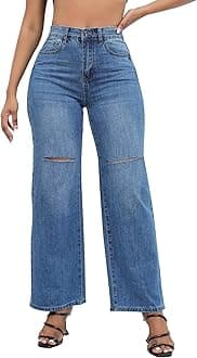 LONGBIDA Womens High Waist Ripped Straight Wide Leg Baggy Jeans Y2k Boyfriend Distressed Loose Denim Pants