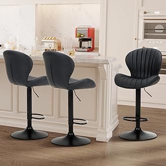 COLAMYBar Stools Set of 3, Modern Swivel Bar Chairs, Adjustable Faux Leather Upholstered Barstools Counter Height with High Backrest for Bar, Kitchen Island, Dining Room, Black