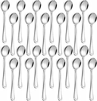 24-Piece Soup Spoons - Round Spoon, 6.9 Inch Stainless Steel Korean Spoons for Soup, Cereal, Dessert, Dishwasher Safe & Line Pattern