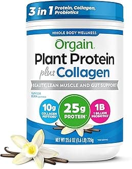 Protein Powder + Collagen, Vanilla Bean - 25g of Protein, 1B Probiotics, 10g Collagen Peptides, Supports Hair, Skin, Nails, Joints & Gut Health, Non Dairy, Gluten and Soy Free, 1.6Lb