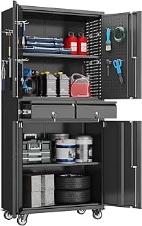 Metal Garage Storage Cabinet with Locking Doors and 2 Adjustable Shelves, Rolling Tool Storage Cabinet with 4 Wheels and 2 Drawer for Garage, Warehouse, Black, Assembly Required