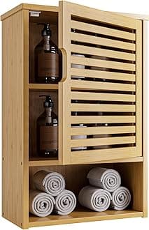 HITNET Wall Cabinet, Small Bathroom Cabinet Wall Mounted, Bamboo Hanging Medicine Storage Cupboard Over the Toilet with Adjustable Shelf for Living Room Kitchen Hallway, Natural