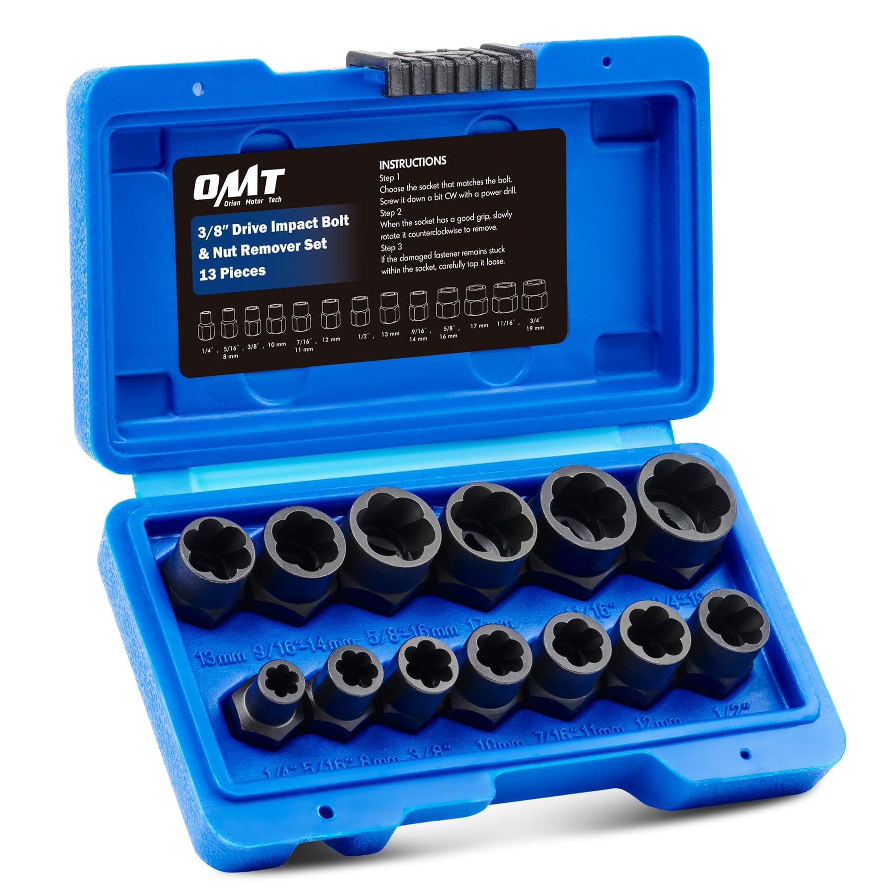 Impact Nut and Bolt Extraction Tool Set, Rusted Damaged Stripped Nut and Bolt Remover Tool Kit, Nut Bolt Extractor Socket Set in 13 SAE and Metric Sizes for 3/8 Inch Drive with Case