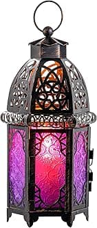 DECORKEY Halloween Decorations Indoor, Purple Decorative Candle Lantern for Moroccan Light Decor, 12.8’’ Vintage Metal Hanging&Tabletop Lantern, Ramadan Lantern for Home Outdoor Patio(Purple)
