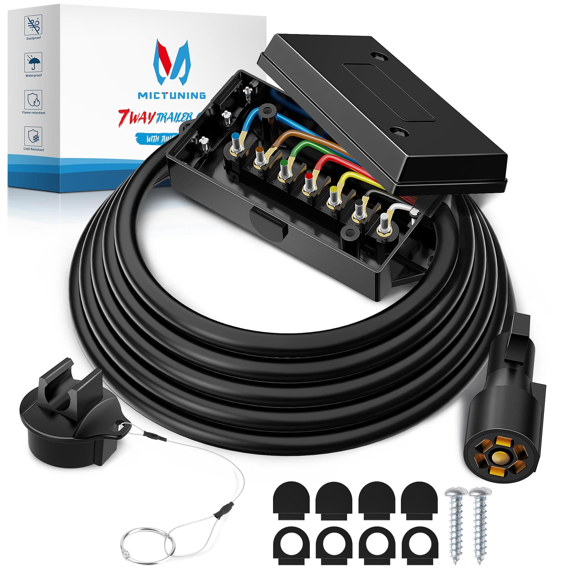 MICTUNING Heavy Duty 7 Way Plug Inline Trailer Cord with 7 Gang Junction Box - 8 Feet