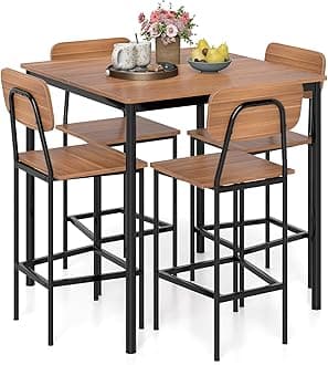 5-Piece Dining Table Set W/Counter Height Table & 4 Bar Stools, Industrial Kitchen Dining Table Set W/Footrest & Backrest, Space-Saving Dinette Set for Pub, Dining Room, Restaurant (Teak)