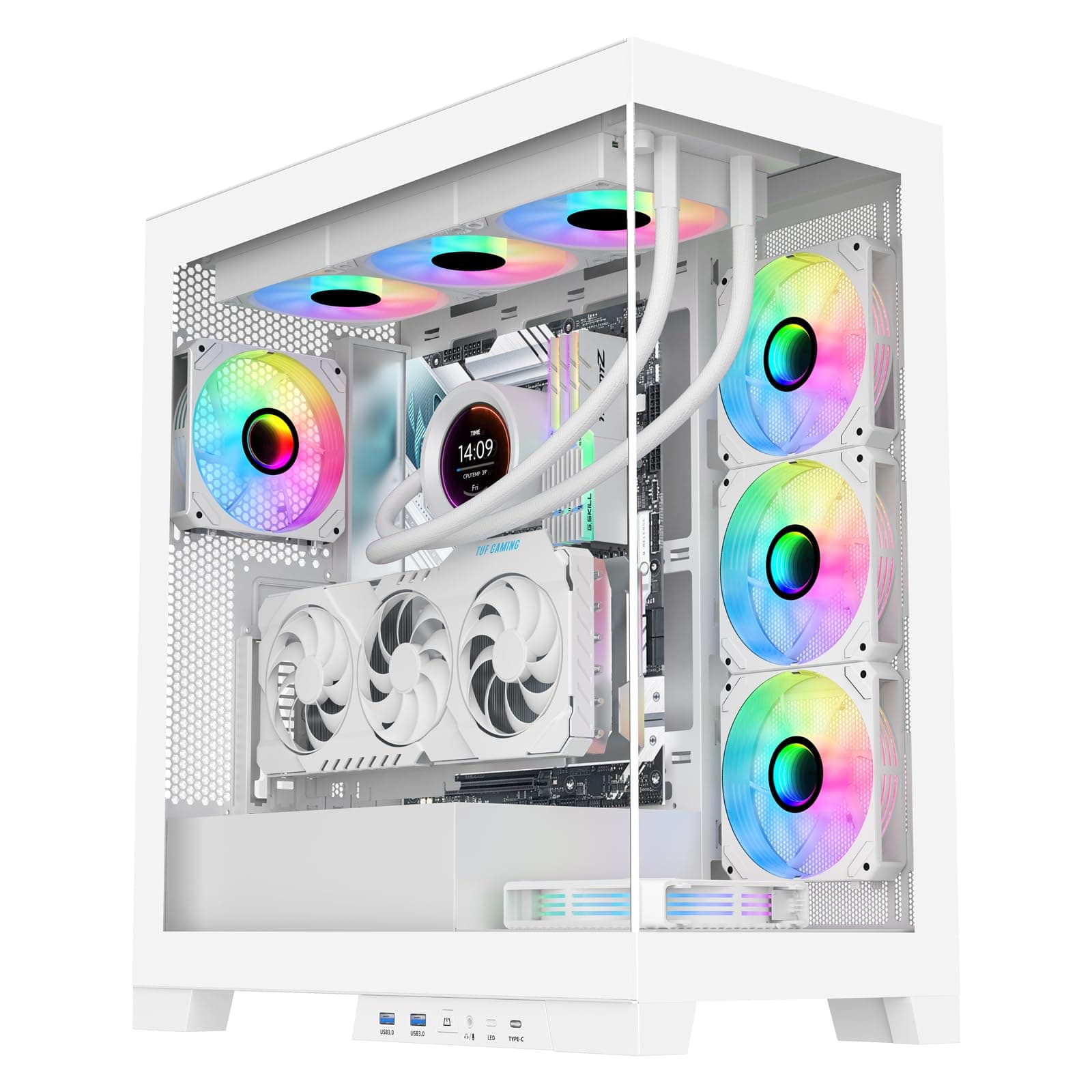 NEVIEW 4503 Mid Tower PC Case with Dual Tempered Glass Panels, 4×120mm ARGB Fans Pre-Installed, High Airflow ATX PC Case for Case PC Gaming, USB 3.0×2, Type-C Port, Supports Top 360mm AIO – White