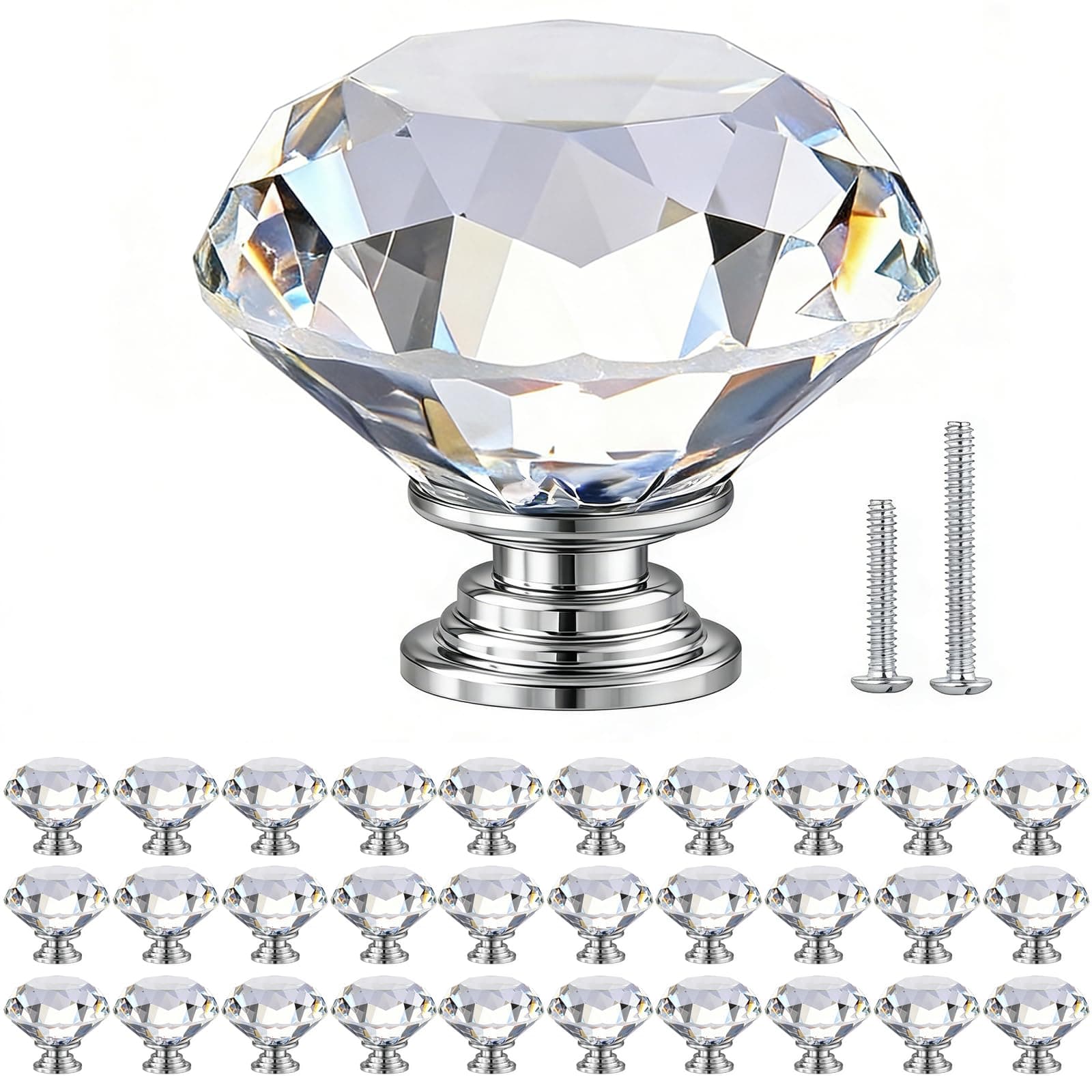 POZEAN Crystal Cabinet Knobs 30 Pack, 1-9/16 inch Drawer Knobs for Dresser with Two Screws, Diamond Glass Pulls Handles (40mm, 30Pack, Clear-Silver)