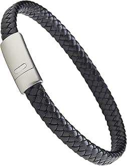 LUXAR Men’s Genuine Leather Bracelet | Interwoven Black Leather Bracelets with Brushed Stainless Steel Clasp | Minimalist, Designer Jewelry for Men (Silver, Small)