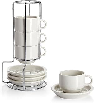 Sweese Porcelain Espresso Cups Set, 2.5 oz, with Saucers, Metal Stand, Stackable - Dove Grey, 4 Pack