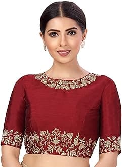 Studio Shringaar Women's Polyester Elbow Length Sleeves Art Silk Embroidered Saree Blouse