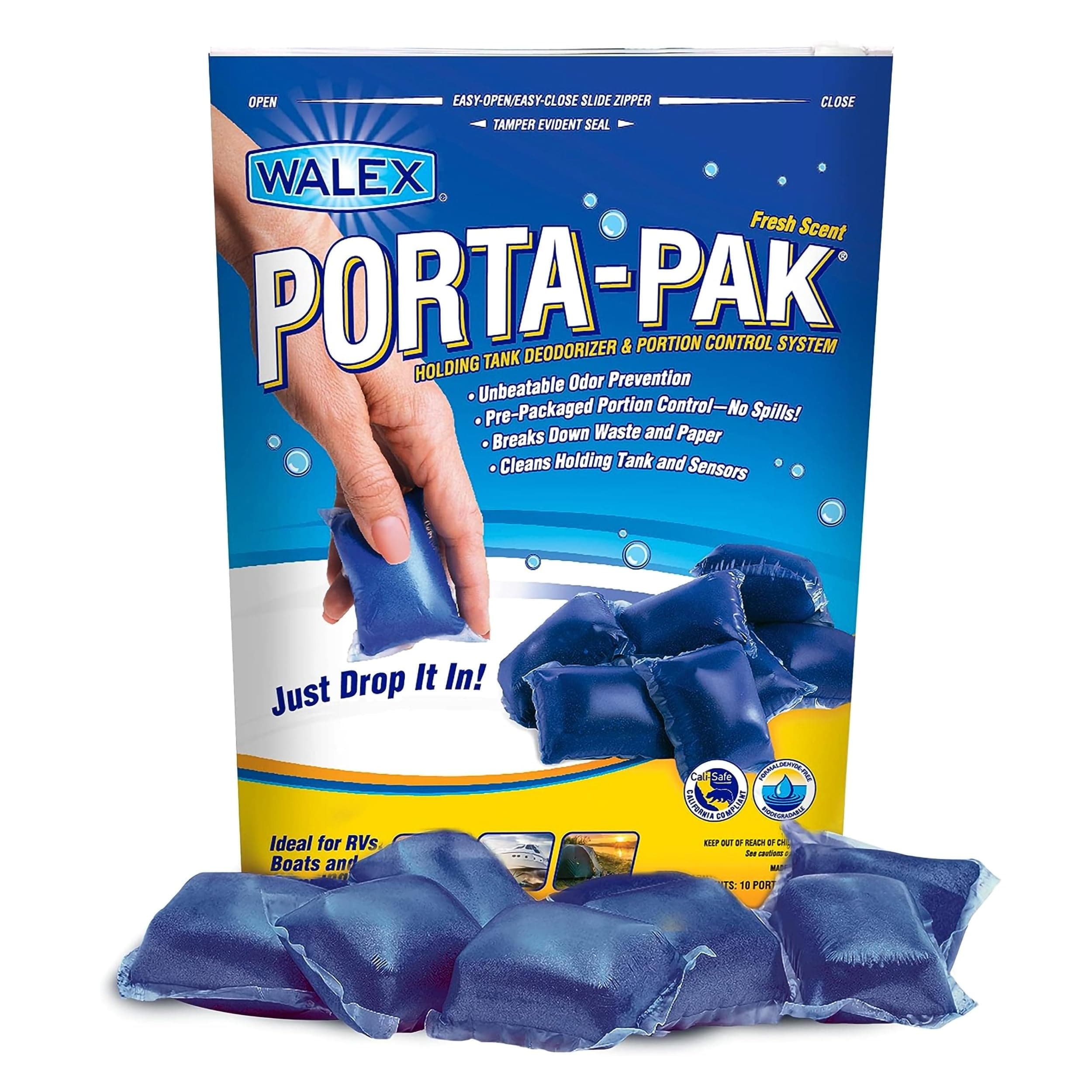 Porta-Pak Black Holding Tank Deodorizer & Portion Control System Drop-Ins - Rapid Breakdown of Waste & Paper, Odor Prevention, Cleans Tank & Sensors - Fresh Scent, 10-Pack