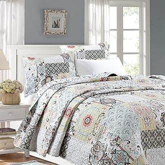 Cozy Line Home Fashions Moorea Floral Gray Yellow Coral Aqua Blue Patchwork Microfiber Reversible Bedding Quilt Set, Coverlet, Bedspread (Fleur-de-lis, King - 3 Piece)