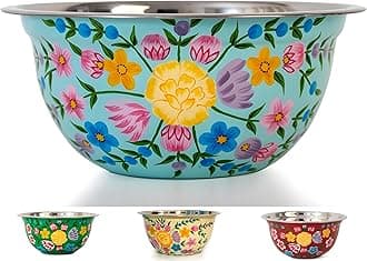 Large Hand Painted Stainless Steel Fruit Bowl - Decorative Floral for Salad Mixing and Serving - Traditional Kashmiri Art for Home Decor (Turquoise)
