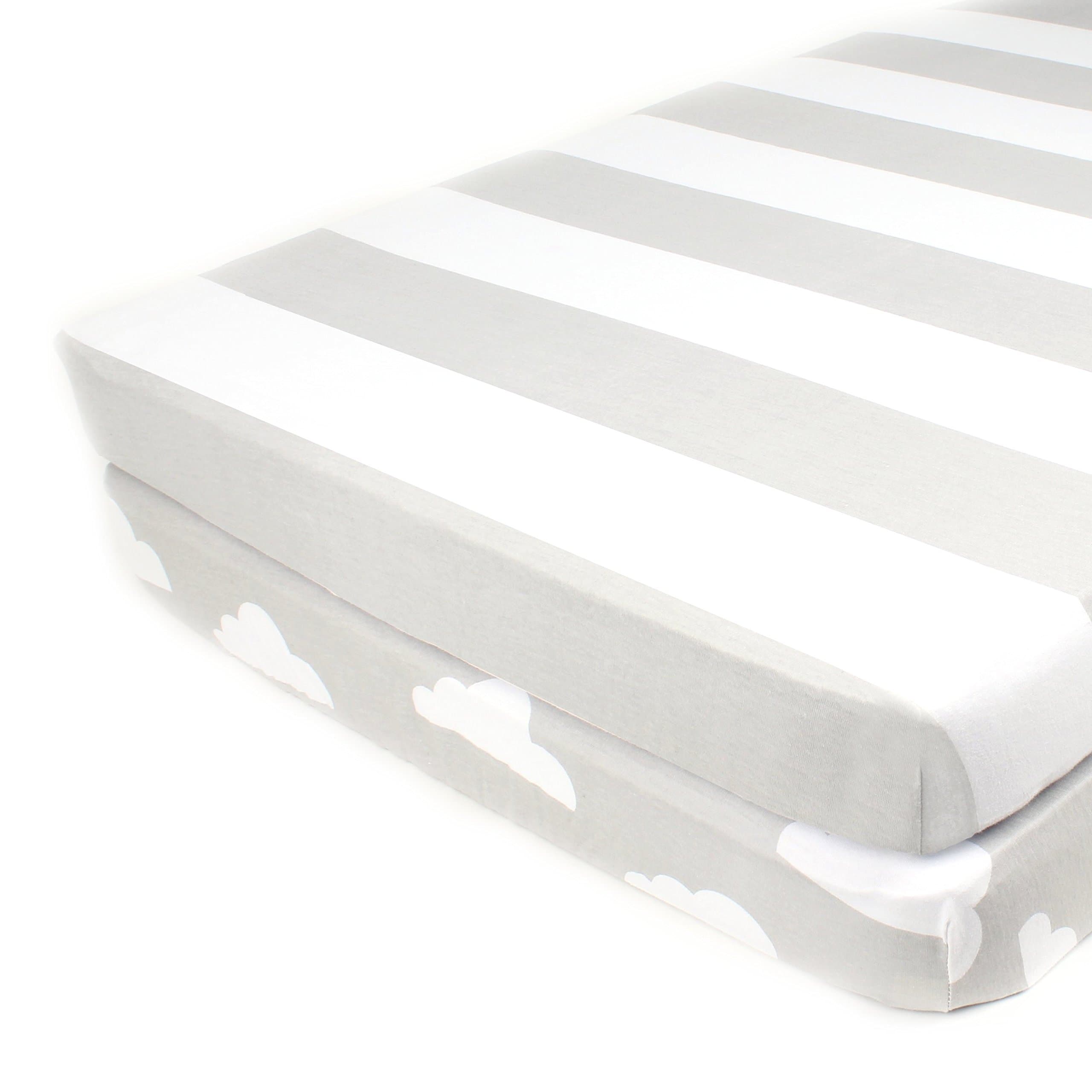 Pack N Play Playard Sheet Set - 2 Pack - Fitted, Soft Jersey Cotton Portable Crib Sheet - Baby Bedding in Grey Stripes & Clouds by Mumby
