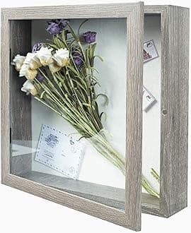 Muzilife 11x11 Shadow Box Picture Frame - 2.16" Deep Wood & Glass Display Case Ready to Hang Memory Box Baby Sports Memorabilia, Wedding, Tickets, and Photos (Texture Gray)