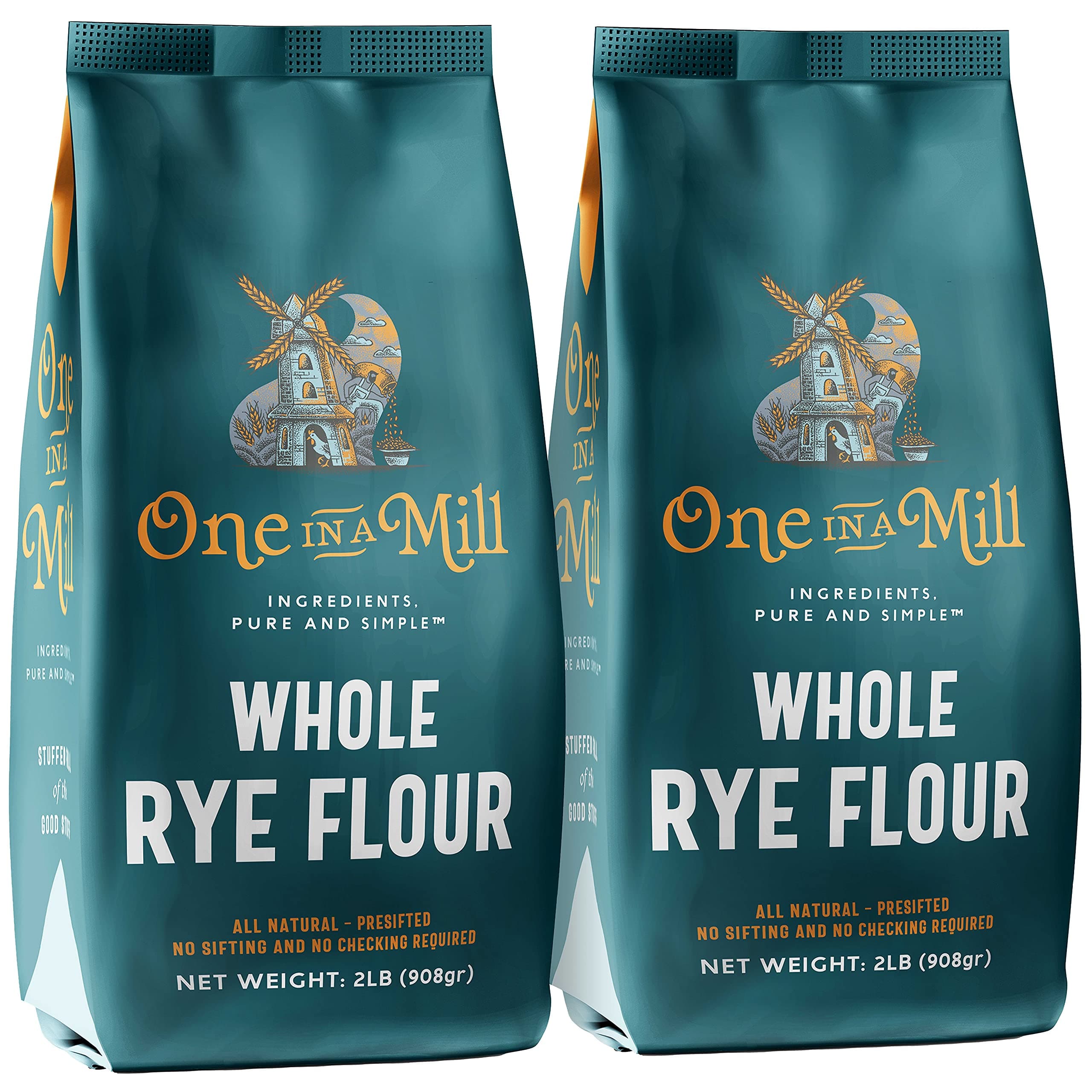 One in a Mill Whole Rye Flour | 2 LB [Pack of 2] Unbleached Pre-sifted Premium Quality Flour for Baking Bread, Cakes, Pie Crusts, Artisan Doughs & Sourdough Starter