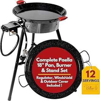 Paella Burner and Stand Set 12 Servings, 18 Inch Paella Pan, Dual Propane Outdoor Stove with Stand & Regulator, Portable Gas Cooker for Camping Crawfish Boil Cooking Outdoor (Black Edition)