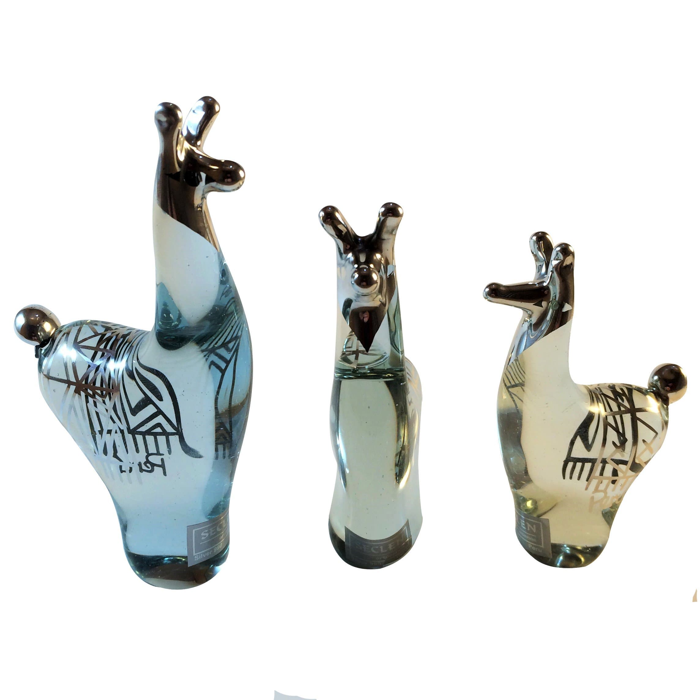 Peruvian 3-unit Transperant Set Blown Glass 9.90 Silver Leaf Llama Figurines by Artist Luis Seclen. Beautiful Original Handmade Artwork. Imported from Peru, Shipped from Florida