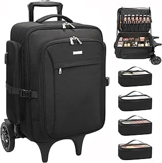 Relavel Rolling Makeup Case with 4 Small Makeup Bags, Large Make Up Travel Organizer with 2 big Wheels, Professional Lockable Makeup Artist Backpack with Adjustable Dividers for Daily Use - Black