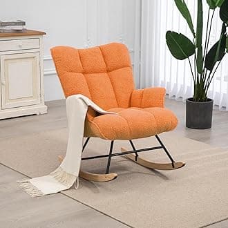 Nursery Rocking Chair Teddy, Upholstered Glider Rocker with High Backrest, Comfortable Stylish Accent Armchair with Padded Seat for Living Rooms, Bedrooms, Offices, Orange