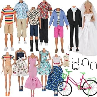 33Pcs Doll Clothes and Accessories for Ken Dolls and Barbie Dolls Includes 20 Wear Clothes Shirt Jeans Suit and Wedding Dresses, 4 Shoes Glasses Earphones Dog and Bike for Ken Barbie Doll