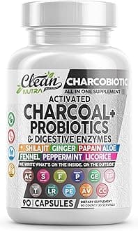 Activated Charcoal Pills for Gas Relief and Debloat, CharcoBiotic with Probiotics Digestive Enzymes Shilajit Peppermint Fennel Ginger Turmeric Licorice Root Aloe Vera Ceylon Cinnamon, Clean Nutra 90ct