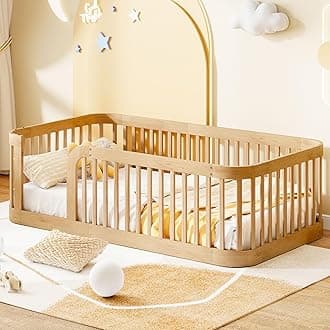 Bellemave Twin Floor Bed with High Fence and Rounded Corner Design, Wood Montessori Floor Bed with Guardrail and Entrance, Easy Assemble Montessori Bed Twin Size, Natural