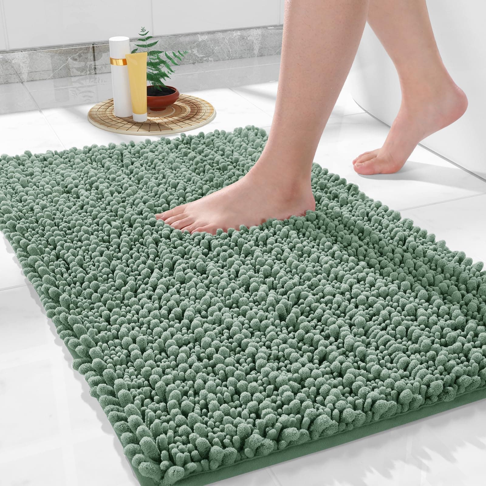 Yimobra Rectangular Bathroom Rug Mat 24 x 17, Extra Soft Non Slip Absorbent Water Bath Rug, Quick Dry Machine Washable Chenille Shaggy Shower Mat, Bath Mat For Bathroom Floor, Green