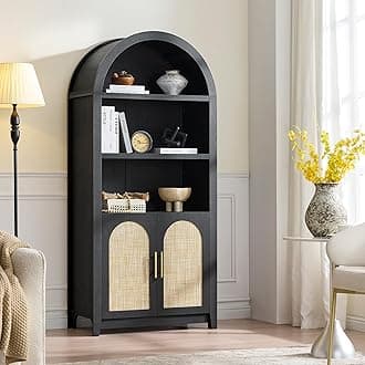 Rattan Arched Cabinet Bookshelf - 69.3” Tall Mid Century Display Cabinet, Rounded Bookcase with Rattan Doors, Open Shelf Storage for Dining Room (Black, 1 PC)