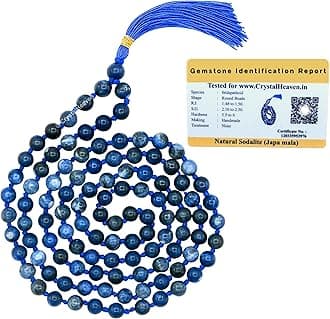 Certified Sodalite Crystal Japa Mala Ganthi - 108 Beads Buddhist Prayer Beads - AAA Grade Original Healing Gemstone Agate Mala for Yoga Meditation Spiritual Reiki Feng Shui