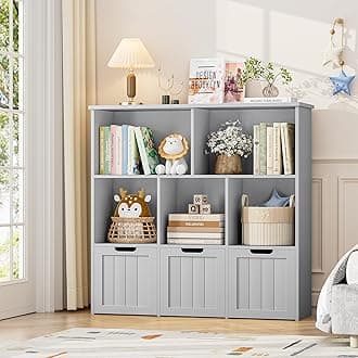 FOTOSOK Toy Storage Organizer with 3 Movable Drawers, Floor Storage Cabinet Toy Organizer with Hidden Wheels and 5 Storage Cubbies, Multifunctional Toys Chest for Playroom, Grey