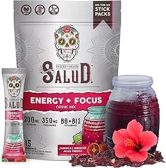 Salud 2-in-1 Energy Drink Powder + Focus, Hibiscus, Organic Caffeine, B6 + B12, Theanine, Clean Energy Drink Packets, Jamaica Agua Fresca Mix, Non-GMO, Gluten Free, Vegan, 1g of Sugar, (15 Servings)