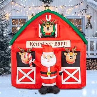 7Ft Giant Christmas Inflatables Reindeer Barn Outdoor Decoration, Santa's Christmas Reindeer Blow Up Yard Christmas Decorations Built-in LED Lights Xmas Decor for Lawn, Holiday Party