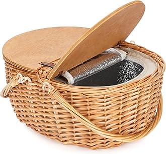 Wicker Picnic Basket with Cooler, Wooden Split Lid Picnic Basket, Vintage-Style Wicker Picnic Hamper with Folding Woven Handle for Picnic, Camping, Outdoor, Valentine Day, Thanks Giving, Birthday