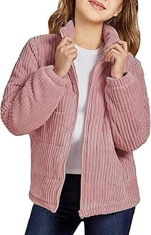 Girls Long Sleeve Winter Jacket Coats Zip Up Stand Collar Corduroy Quilted Outerwear Jackets with Pocket