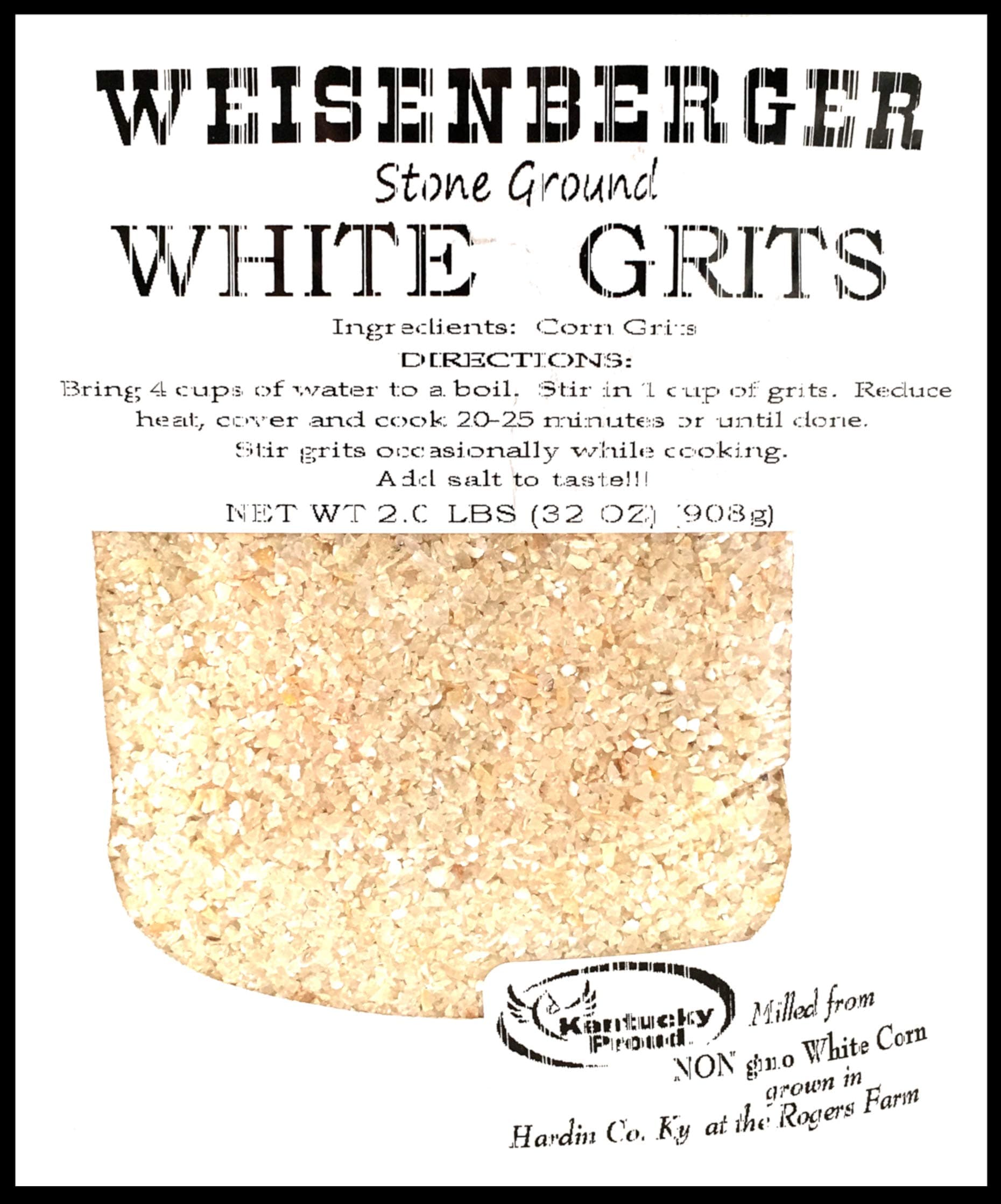 Stone Ground Grits, White- Authentic, Old Fashioned, Southern Style Corn Grits - Local Kentucky Proud Product - Non-GMO, Coarse Ground - White, 2 lb