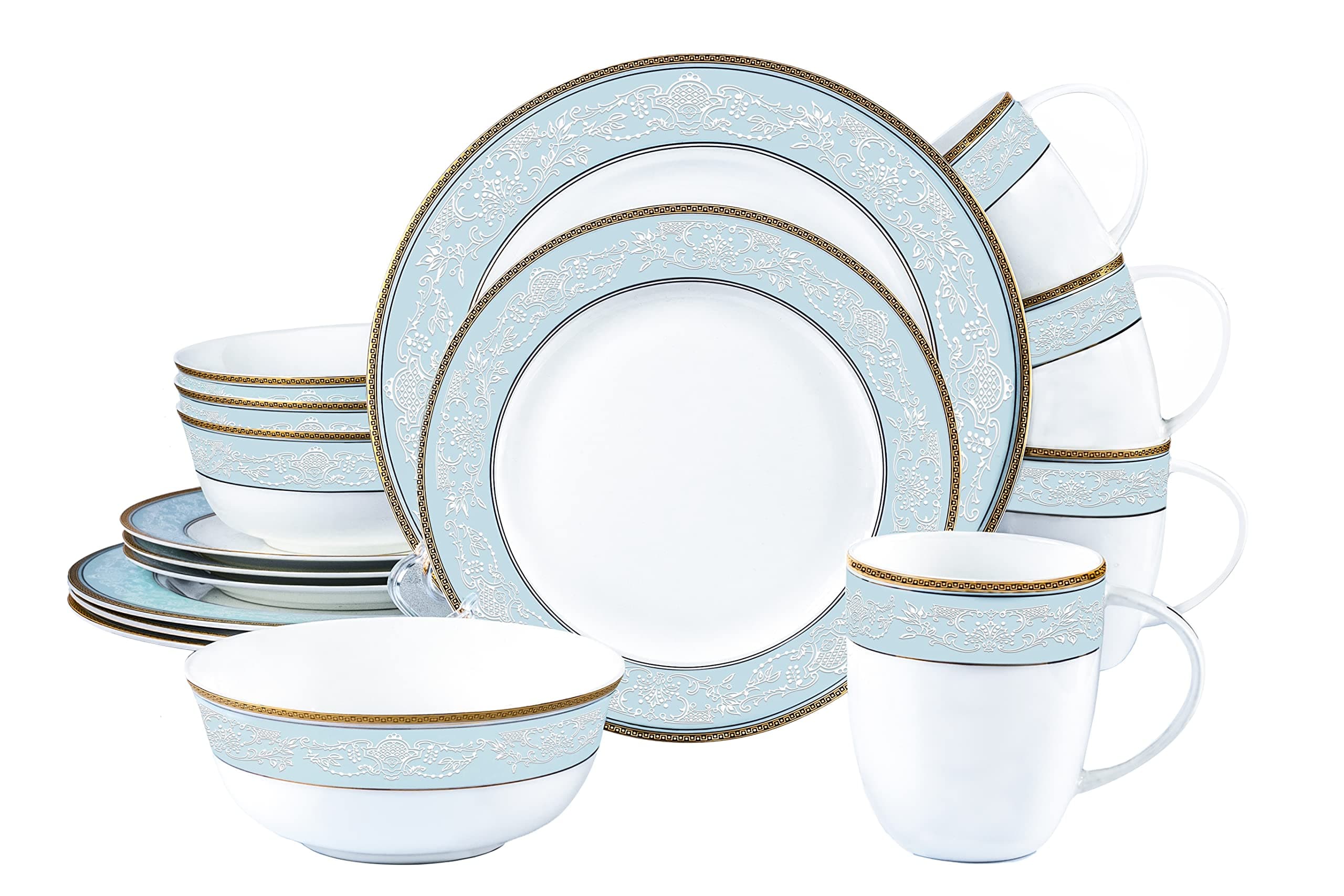 Fine Bone China Dinnerware Set,16 Pcs Classic Relief Pattern Gilt Edged High Grade Porcelain Tableware Sets For 4 People