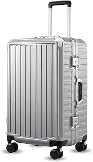 LUGGEX Aluminum Frame Luggage with Spinner Wheels, Zipperless Polycarbonate Hard Shell Suitcase, 24 Inch Checked Luggage, Silver